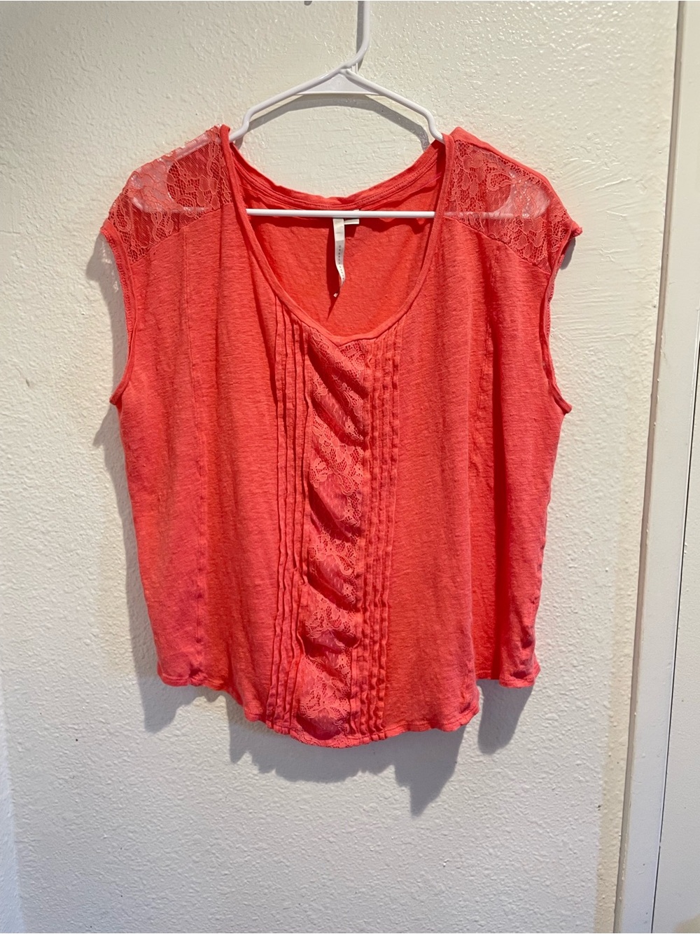 LC Lauren Conrad Coral Pink Lace Pintuck Boho Knit Top Size XL